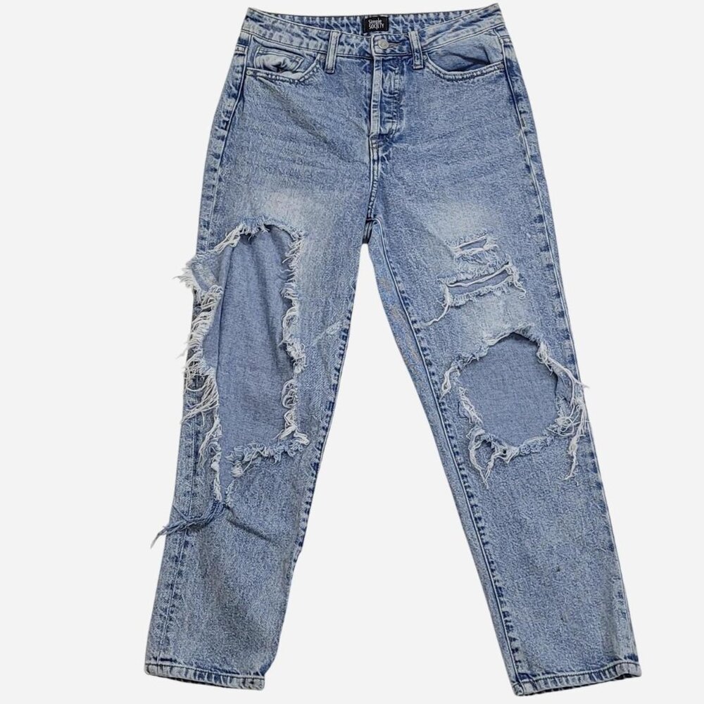 Simple Society Women’s 3/26 Distressed Blue Mom Jeans Relaxed Fit